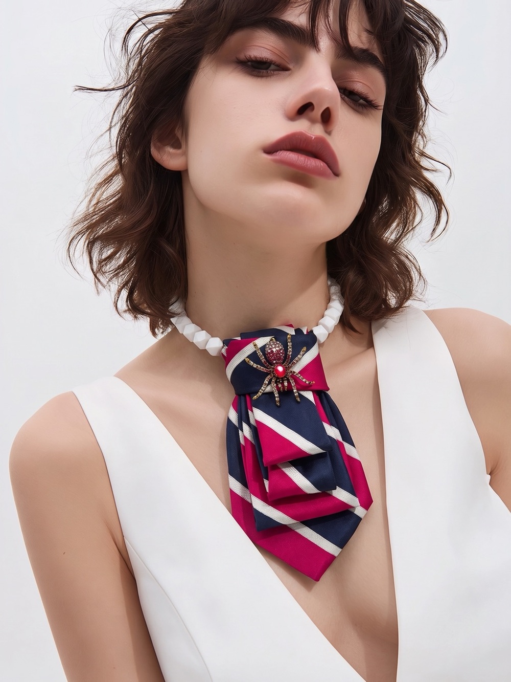 CHIC CHICK UPCYCLE | Navy & Fuchsia Striped Scarf Necklace with Spider Brooch